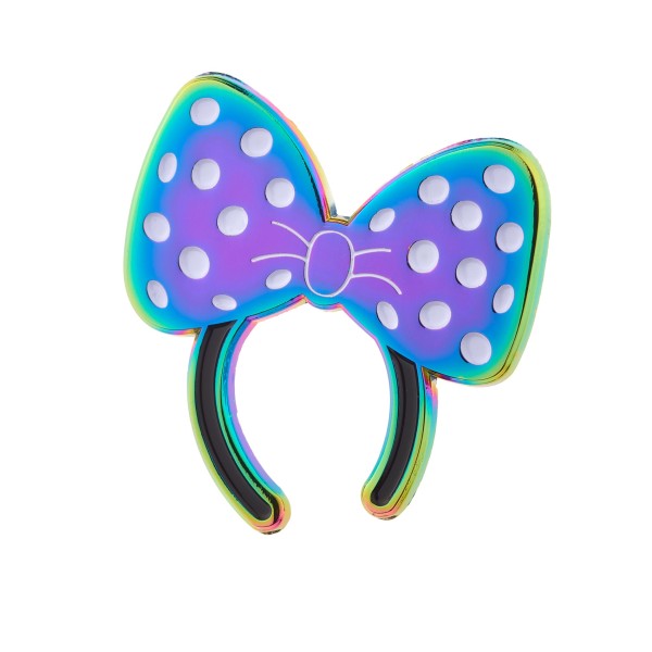 A rainbow-plated enamel pin badge that looks like a headband with Minnie Mouse's bow on top.